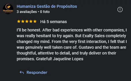 Avaliação 5 estrelas de Humaniza Gestão de Propósitos sobre a Exalty Sales