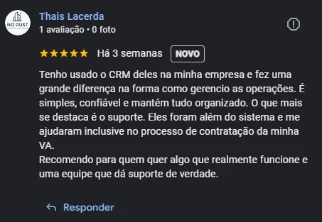 Avaliação 5 estrelas de Thais Lacerda sobre o CRM e suporte da Exalty